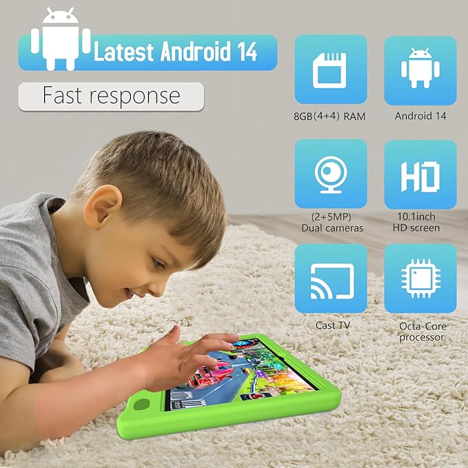 Tablet for Kids 10.1 inch Android 14, 8GB+64GB(TF 1TB) 6000mAh Kids Tablet WiFi6 Parental Control,Face Unlock, 1280 * 800 HD Screen - Green