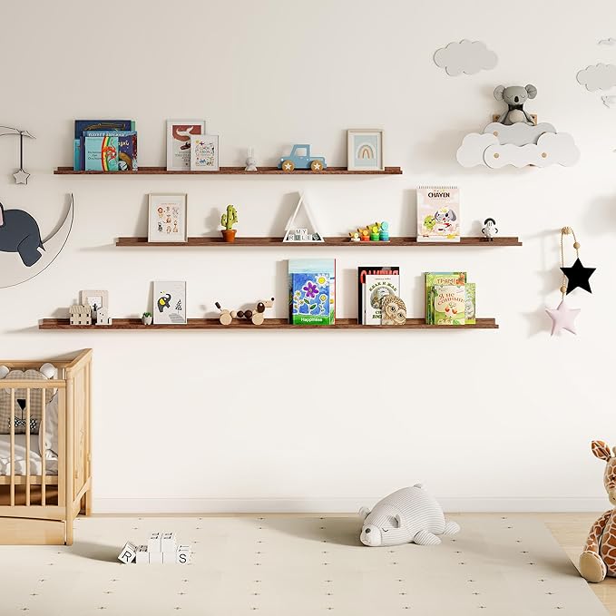 Floating Picture Ledge Shelves for Wall Set of 2, 84 Inches Picture Ledge Shelf with Long Large Nursery Book Shelf for Toys Storage Kids Bookshelf Wall Mounted Living Room Bedroom Decor Frames, Walnut