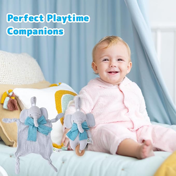 Organic Cotton Stuffed Animal Rattle Baby Toys, Organic Elephant Cuddle Cloth & Organic Musical Elephant Plush Toy Set for Newborns Infant Boys Girls, 2 PCS