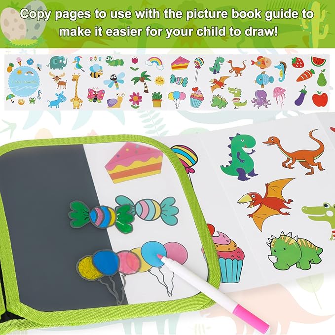Erasable Doodle Set for Kids - Reusable Magic Drawing Book with 12 Watercolor Pens 14 Page Drawing, Road Trip Car Game Writing Painting Set for Boys and Girls (Green)