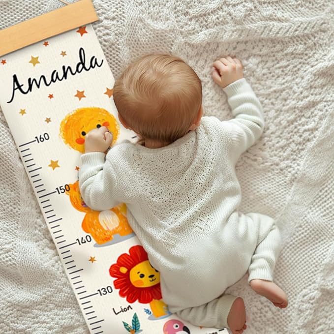 Personalized Name Kids Growth Chart, Watercolor Animal Canvas Height Measurement Ruler for Baby, Kids Height Wall Chart for Child's Room Decoration, Waterproof Measuring Wall Ruler