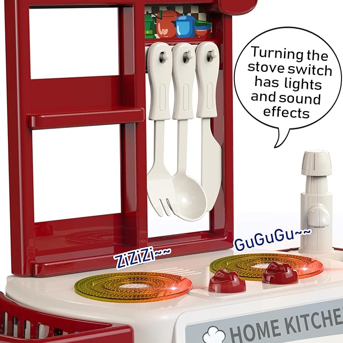 Kitchen Set for Toddler with Sound and Light,Pretend Cooking Food Set,Kids Kitchen Playset,Play Sink with Running Water and Electronic Induction Stove,Kitchen Accessories (red Kitchen Set)