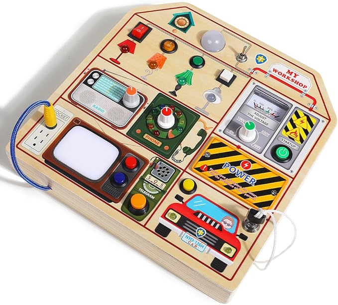 JAUNTY Montessori Wooden Busy Board for Toddlers 3 4 5 Years Old, Wooden Sensory Toddler Toys with LED Light Switches, TV Radio Telegram and Car Driving, Travel Toys Birthday for Boys Girls