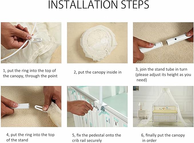 Baby Bed Canopy with Adjustable Clip-on Stand Baby Crib Cot Net Tent Hanging Dome Curtain Netting See Through Mesh Bed Cover Net Stand Rod