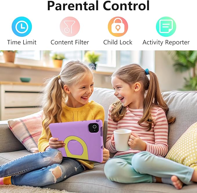 JREN Kids Table 10.1" |Android 14 Tablet for Kids|64GB Storage|Octa-Core|WiFi |Cameras|Parental Control|Kids Content|Case Included Great Gift for Children Ages 3-12 Years Old Purple