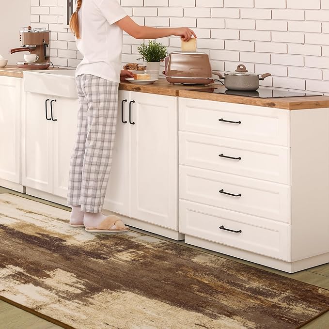 Washable Runner Rug, 2'6''x8' Kitchen Rugs Brown Long Runner Rugs with Rubber Backing, Abstract Non-Slip Carpet Runners for Hallways, Kitchen, Bedroom, Laundry, Entrance