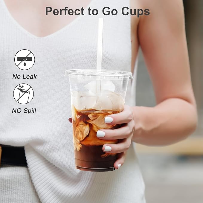 100 Pack - 24 oz Clear Plastic Cups with Lids and Straws, Sturdy & Food Safe Iced Coffee Cups with lids, Disposable Plastic Smoothie Cups for Cold Drinks