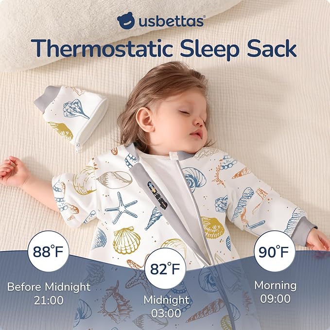 Baby Sleep Sack 6-12 Months, Cotton Detachable Long Sleeve Sleep Sack, 2.5 Tog Toddler Sleeping Sack with Temperature Strips, 2-Way Zipper Wearable Blankets for Newborns, Ocean