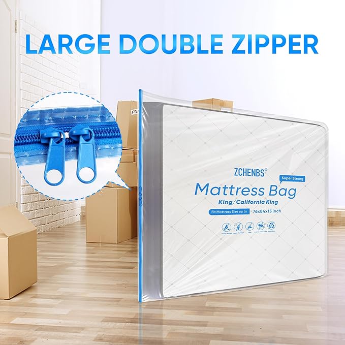ZCHENBS® – Mattress Bags for Moving and Storage,Mattress Bag with Zippers,5 Mil Ultra-Thick Bed Bag,Waterproof,Anti-Tear,Heavy-Duty Mattress bag (Transaparent/Blue, King/California King-(2 Pack))