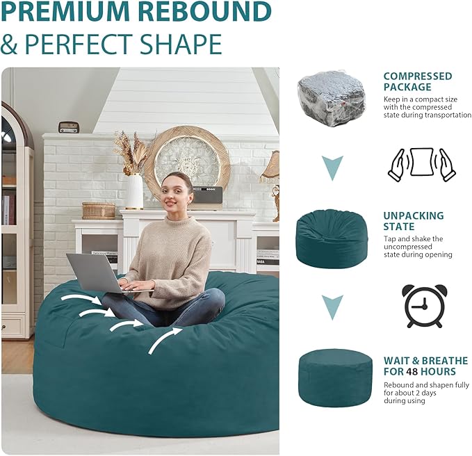 3FT Bean Bag Chair, Comfy Bean Bag Chairs with Memory Foam Filled, Fluffy Beanbag Sofa with Dutch Velvet Cover, Round BeanBag Chairs for Living Room, Playroom - Sea Blue