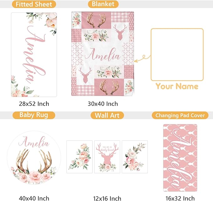 Personalized Baby Crib Bedding Set, 5 Pcs Custom Name Nursery Bedding Set, Pink Woodland Deer Baby Bedding Set for Girl, Double Layer Baby Crib Sets, Customized Gifts for Toddlers Kids Infants