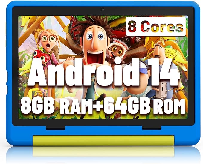 Kids Tablet|Upgraded Android 14 Tablet 10 inch for Kids with Protective Case|Octa-Core|64GB|1TB TF Card Expandable|Dual Camera|Parental Control|Great Gift for Toddler(Blue)