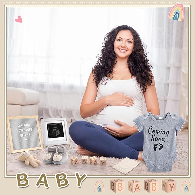 9 Pcs Pregnancy Announcement Set Pregnancy Reveal Ideas Felt Letter Board Baby Bodysuit Booties Photo Frame Bear Plush Wood Blocks for Coming Soon Baby Announcement(Gray)