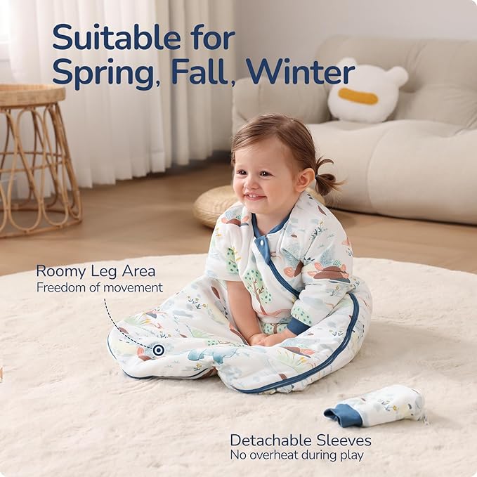 Baby Sleep Sack 12-18 Months, Cotton Detachable Long Sleeve Sleep Sack, 2.5 Tog Toddler Sleeping Sack with Temperature Strips, 2-Way Zipper Wearable Blankets for Newborns, Dinosaur