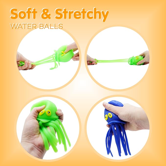 4E's Novelty Octopus Water Balls - Pack of 6 - Pool Toys for Kids Sensory Absorbent Water Splash Balls Bomb, Toddler Bath Toy, Swimming Pool Floating Swim Toys Outdoor Activity & Game