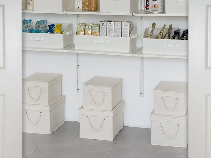 StorageWorks Storage Bins with Lids, Decorative Storage Boxes with Lid and Soft Rope Handles, Foldable Storage Baskets for Closet, Shelves, Stackable, Ivory and White, Jumbo, 3-Pack