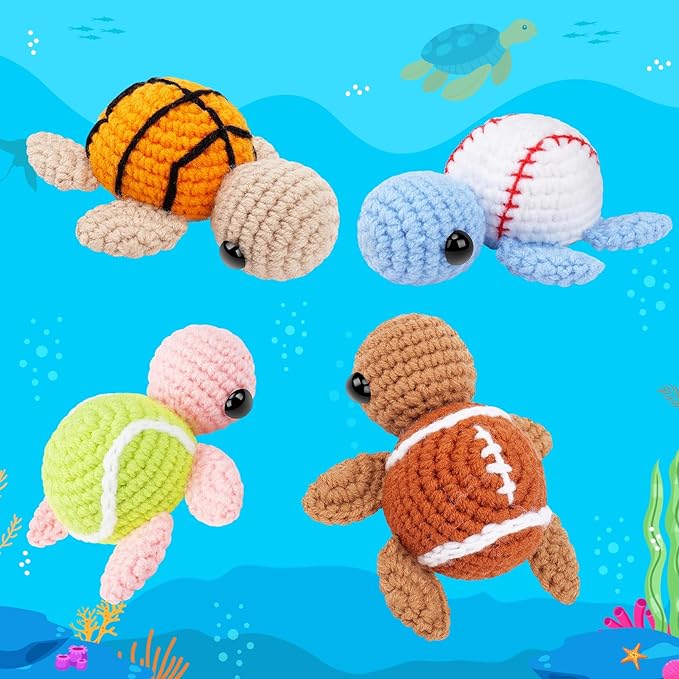 Crochet Kit for Beginners -4 PCS Turtle Crochet Kit with Step-by-Step Video Tutorials, Beginner Crochet Kits for Adults, Animal Crochet Turtle Ball Games Set