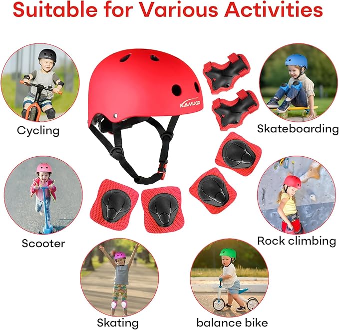 KAMUGO Kids Bike Helmet, Toddler Helmet for Ages 2-8 Boys Girls with Sports Protective Gear Set Knee Elbow Wrist Pads for Skateboard Cycling Scooter Rollerblading