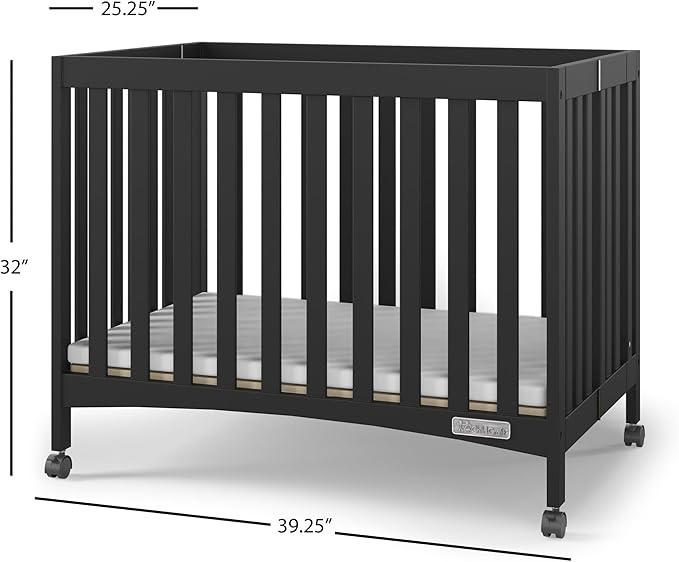 Child Craft London Mini Compact Folding Portable Crib with 2” Crib Mattress and 2 Easy Roll Locking Wheels, Durable Pine Wood Construction (Ebony Black)