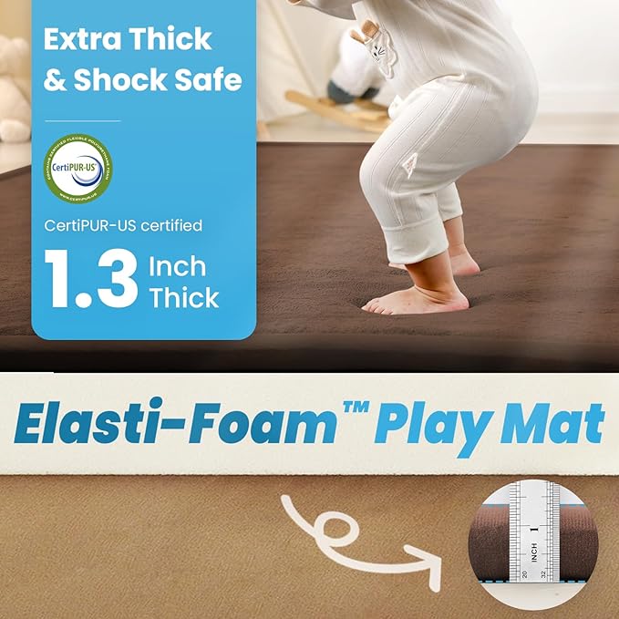 1.3" Thick Baby Play Mat for Floor, 79x79 Large Foam Tummy Time Mat, Padded Support Soft Plush Nursery Rug for Infant Kids Toddler Crawling Kick Activity (Chocolate Brown)
