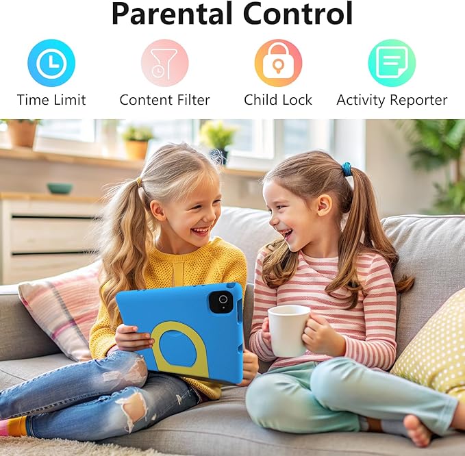 JREN Kids Table 10.1" |Android 14 Tablet for Kids|64GB Storage|Octa-Core|WiFi |Cameras|Parental Control|Kids Content|Case Included Great Gift for Children Ages 3-12 Years Old Blue
