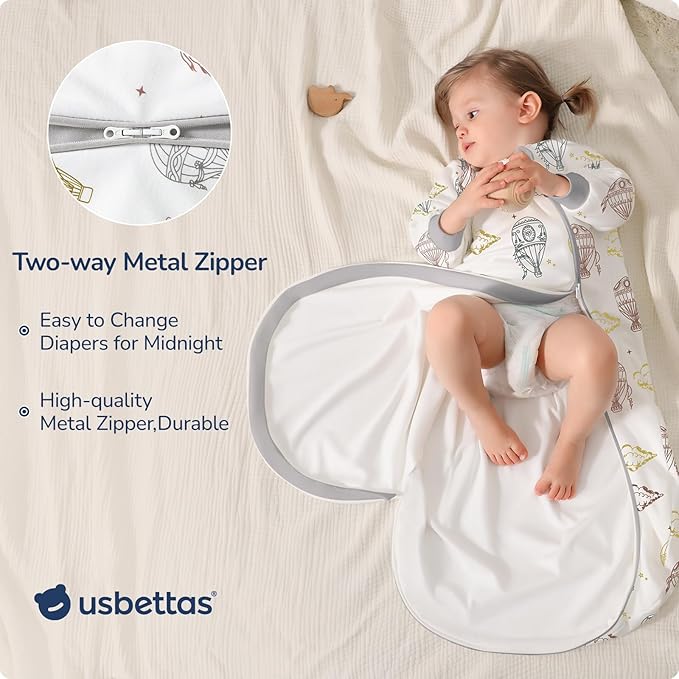 Baby Sleep Sack 12-18 Months, Cotton Detachable Long Sleeve Sleep Sack, 1.0 Tog Toddler Sleeping Sack with Temperature Strips, 2-Way Zipper Wearable Blankets for Newborns, Hot Air Balloon
