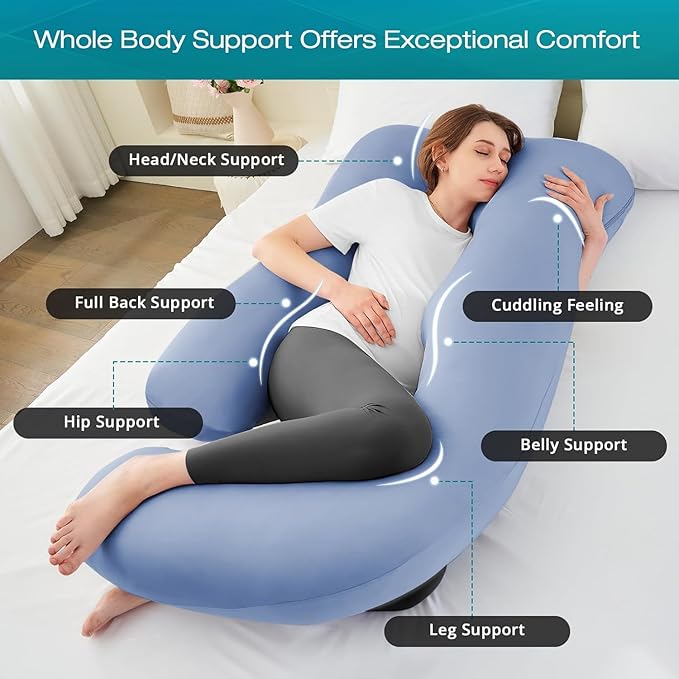 Sasttie Pregnancy Pillows for Sleeping, Jumbo U Shaped Cooling Full Body Pillow with Removable Cover, Pregnant Women Must Haves, Maternity Essential, Blue