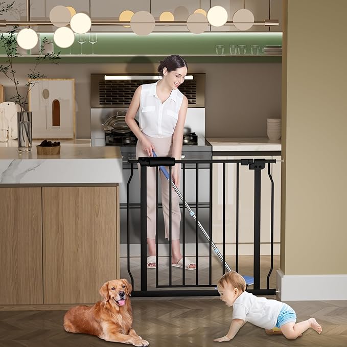 Extra Wide Baby Gate Extra Wide Extra Tall Dog Gates for Stairs Doorways Black Metal Tension Indoor Safety Gates with Pressure Mount 67-71.5 Inch
