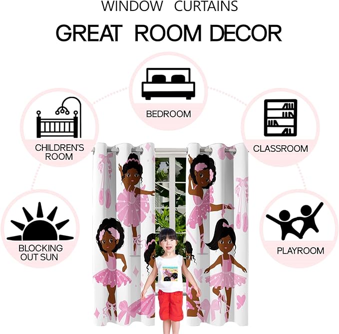 Cute Black Girl Curtain Panels for Girl Room Black Girl Curtains Grommets Top Drapes for Kids Nursery Bedroom Lovely Girls Themed Thermal Insulated Curtains, Black Girl Curtains, 82" x 84"