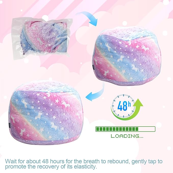 Kids Bean Bag Chair Turn into Beanbag Bed, Unicorn Toddler Bean Chair for Girl Boy Sleeping, Lazy Children Bean Bags with Filler, Convertible Child Floor Mattress, Colorful Rainbow