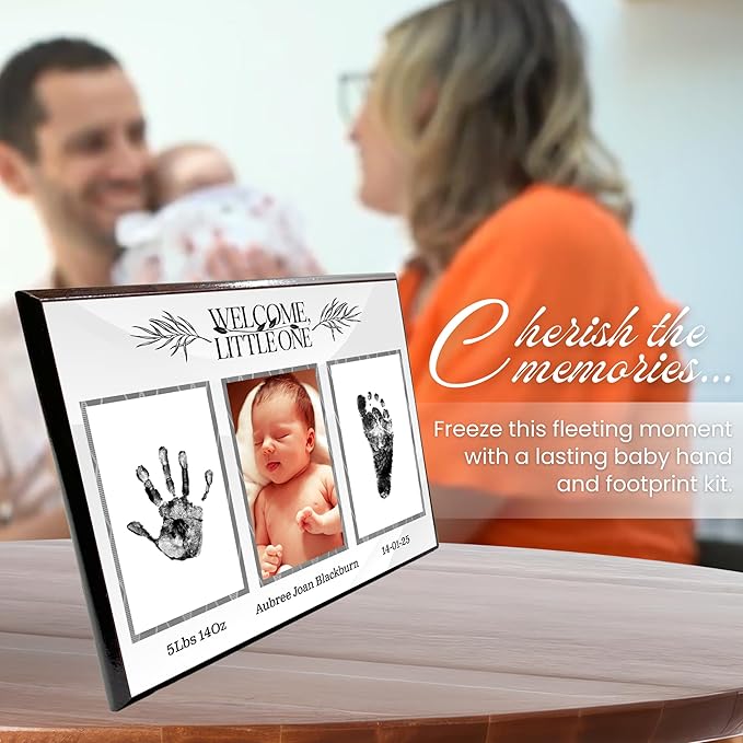 Baby Hand and Footprint Kit with Photo & Birth Details, Inkless Hand and Footprint Kit, Newborn Keepsake Plaque, Baby Shower Gifts (STYLE 1 (Fully Personalized) (Welcome Little One))