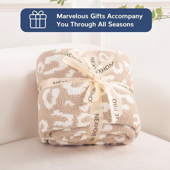 NEXHOME PRO Leopard Soft Blanket, Fuzzy Throw Blanket for Couch Bed Sofa Picnic, Knit Blankets for Women Gifts Beige 50 x 60 inches