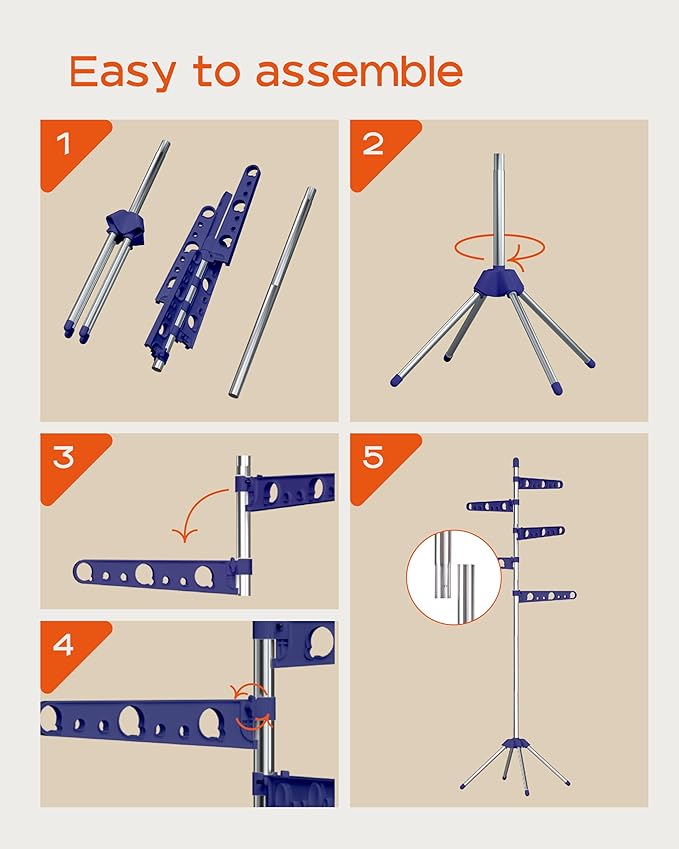 Clothes Drying Rack Foldable, 70.9 inch Tripod Drying Rack for 35 Pieces of Clothes, with Height-Adjustable Rotatable Clothes Rails, Space Saving, Stainless Steel, Blue and Silver CDR005Q01