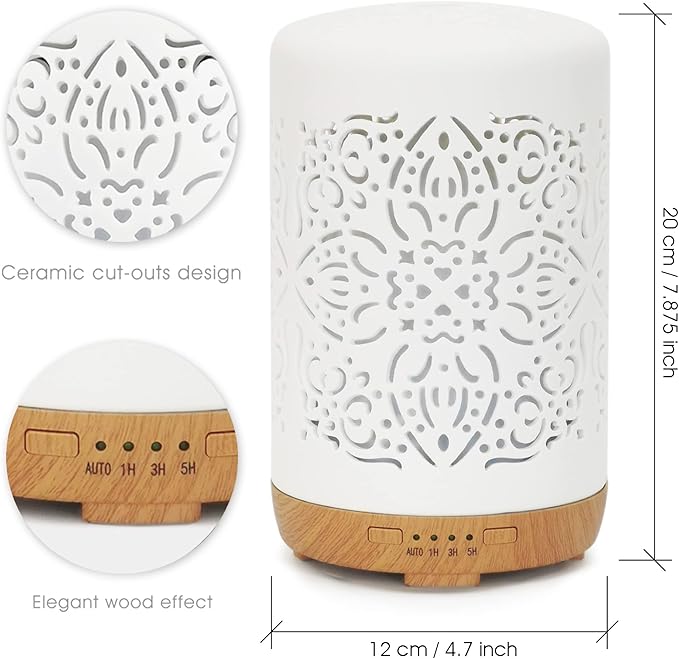 Earnest Living Essential Oil Diffuser White Ceramic Diffuser 250 ml Timers Night Lights and Auto Off Function Home Office Humidifier Aromatherapy Diffusers for Essential Oils