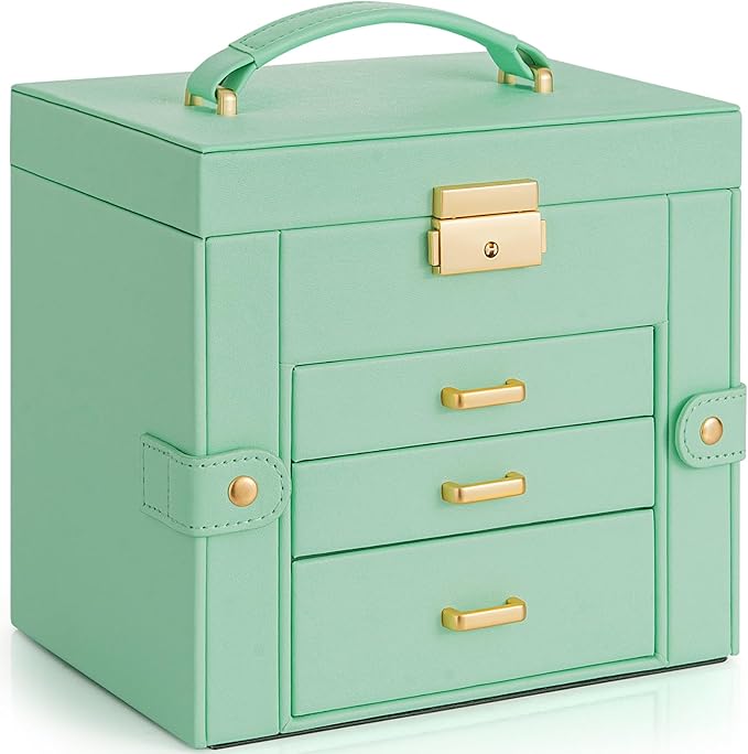 AKOZLIN 4-Tier Jewelry Box Leather Jewelry Storage Organizer with 3 Drawers Lockable for Women Girls Ring Necklace Earring Bracelet Holder with Mirror