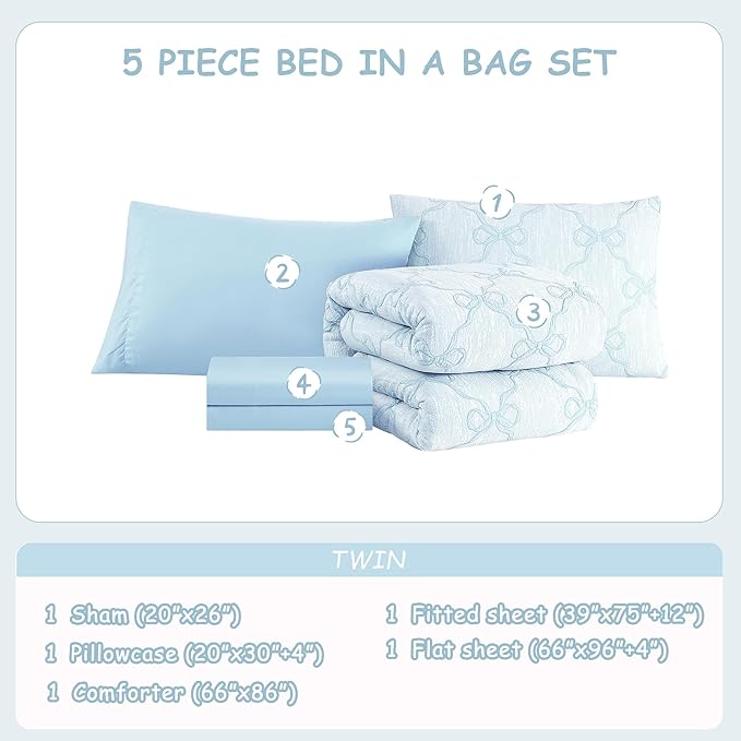 Twin Comforter Set with Sheets for Girls-5 Pieces Twin Bedding Sets with Light Blue Comforter, Sheets, Pillowcase & Sham for Kids (Light Blue Diamond, 66" X 86")