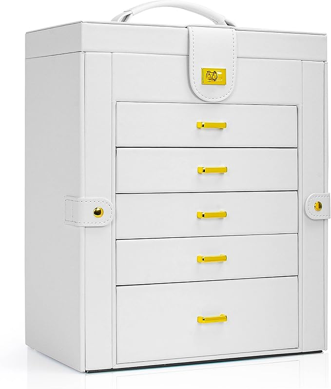 AKOZLIN Large Jewelry Box Organizer Functional with Big Mirror, Leather Jewelry Storage Case for Women Girls Ring Necklace Earring Bracelet Holder Organizer White