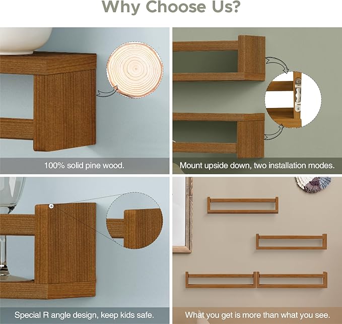 Forbena Walnut Brown Nursery Bookshelf Wall Mounted, Wooden Floating Book Shelves for Wall, Nursery Hanging Bookshelves for Baby Toddlers Kids Room Bedroom (Pine Wood, Walnut Color, 4-Pack)