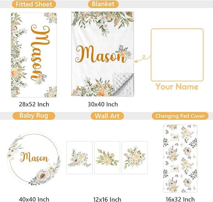 Custom Baby Crib Set - 5 Pcs Personalized Name Flowers Crib Bedding Set for Infants Toddlers - Soft Double Layer Nursery Bedding Set for Girls Boys - Customized Gifts for Baby Shower Birthday