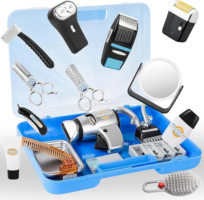 24 Pcs Barber Shop Pretend Play Toy - My First Shaving and Grooming Haircut Kit Toddler Role Play Set with Styling Accessories & Storage Box for Kids, Boys