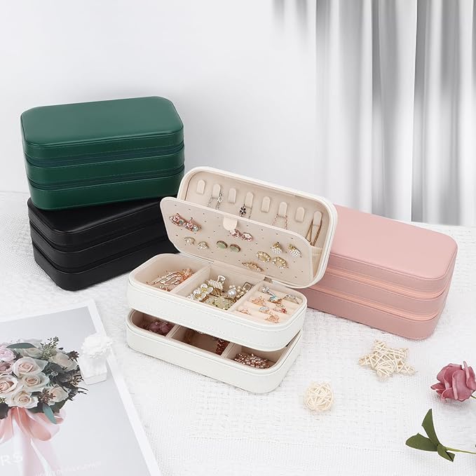 DesignSter Small Travel Jewelry Box with Double Zipper, 2 Layers PU Portable Jewelry Case for Women and Girls,Travel Jewelry Organizer for Rings, Earrings, Necklaces, Bracelets,Beige