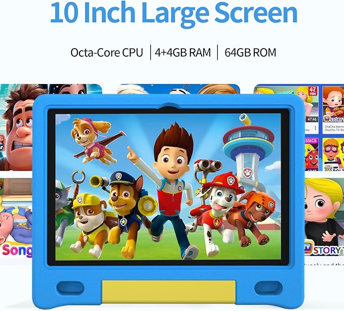 JREN Kids Table 10.1" |Android 14 Tablet for Kids|64GB Storage|Octa-Core|WiFi |Cameras|Parental Control|Kids Content|Case Included Great Gift for Children Ages 3-12 Years Old Blue