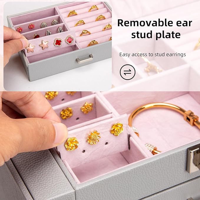 Large Jewelry Box,5-Tier PU Leather Jewelry Organizer with Lock,Multi-functional Storage Case with Mirror,Jewelry Organizer for Bracelets, Earrings, Rings, Necklaces, Mothers Day (GRAY)