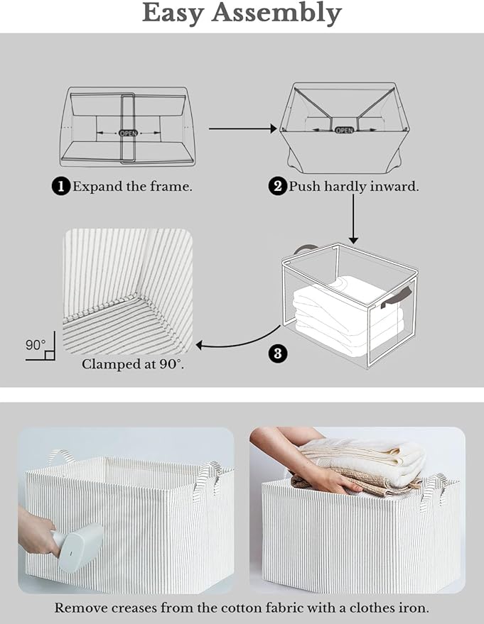 StorageWorks Storage Bins, Fabric Storage Bins for Shelves, Storage Baskets with Metal Frame, Closet Baskets and Bins with Handles, Gray and White Stripes, 2-Pack