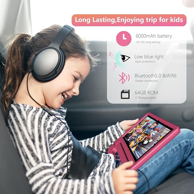Tablet for Kids Age 3-12 10.1 inch Android 14 6000mAh 8GB RAM+64GB ROM(Expandable to 1TB Kids Tablet WiFi6 Google Kids Space Parental Control 1280 * 800 HD Screen (Pink)