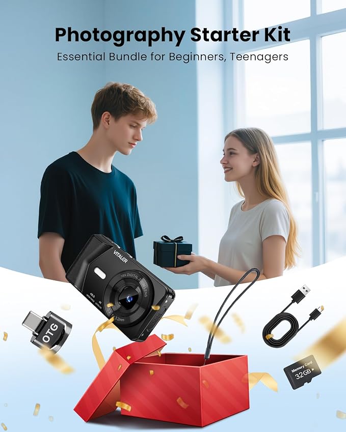 Digital Camera, Autofocus 48MP 4K Camera for Photography with 32GB Card, Portable Compact Point and Shoot Digital Camera for Teens Adult Beginner Kids with Metal Shell, 2000 mAh Battery