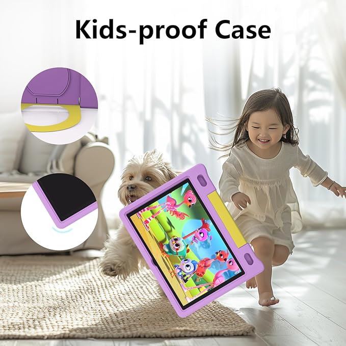 JREN Kids Table 10.1" |Android 14 Tablet for Kids|64GB Storage|Octa-Core|WiFi |Cameras|Parental Control|Kids Content|Case Included Great Gift for Children Ages 3-12 Years Old Purple