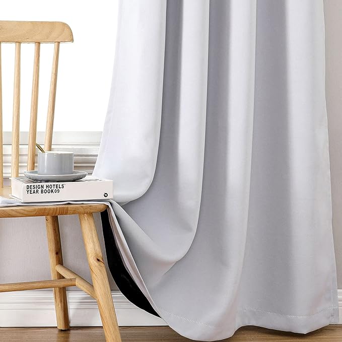 ChrisDowa 100% Blackout Curtains 84 inch Long for Bedroom with Black Liner, Extra Wide 2 Layers Total Blackout Thermal Insulated Grommet Window Curtains 2 Panels Set (Greyish White, 60 x 84 Inch)