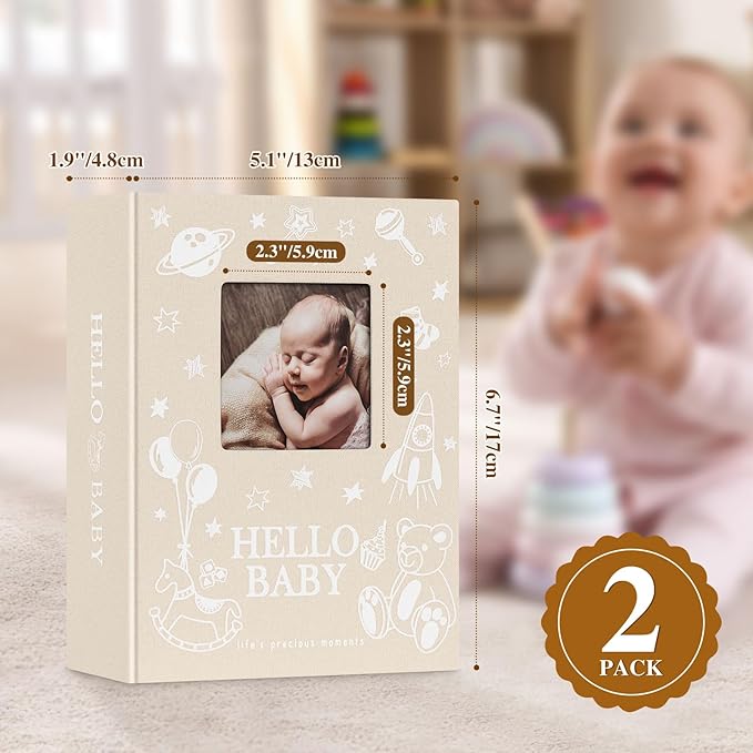 Lanpn Baby Photo Album 4x6 100 Pockets 2 Packs, Mini Linen DIY Window Photo Book Newborn Bebe Album Memory Book Sets, Holds 100 Top Loader Vertical Pictures Gift for Kids Boy Girl Baby Shower, Beige