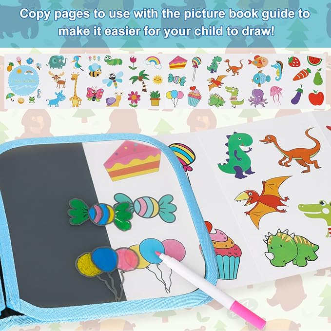 Erasable Doodle Set for Kids - Reusable Magic Drawing Book with 12 Watercolor Pens 14 Page Drawing, Road Trip Car Game Writing Painting Set for Boys and Girls (Bear)